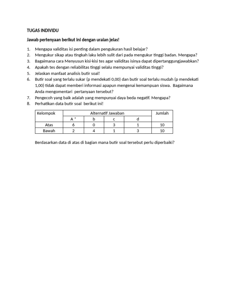 Tugas Analisis Butir Soal Tes PDF Tugas Analisis Butir Soal Tes PDF